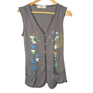COIN 1804 Gray Floral Sleeveless Button Front Tunic Vest Top MEDIUM
